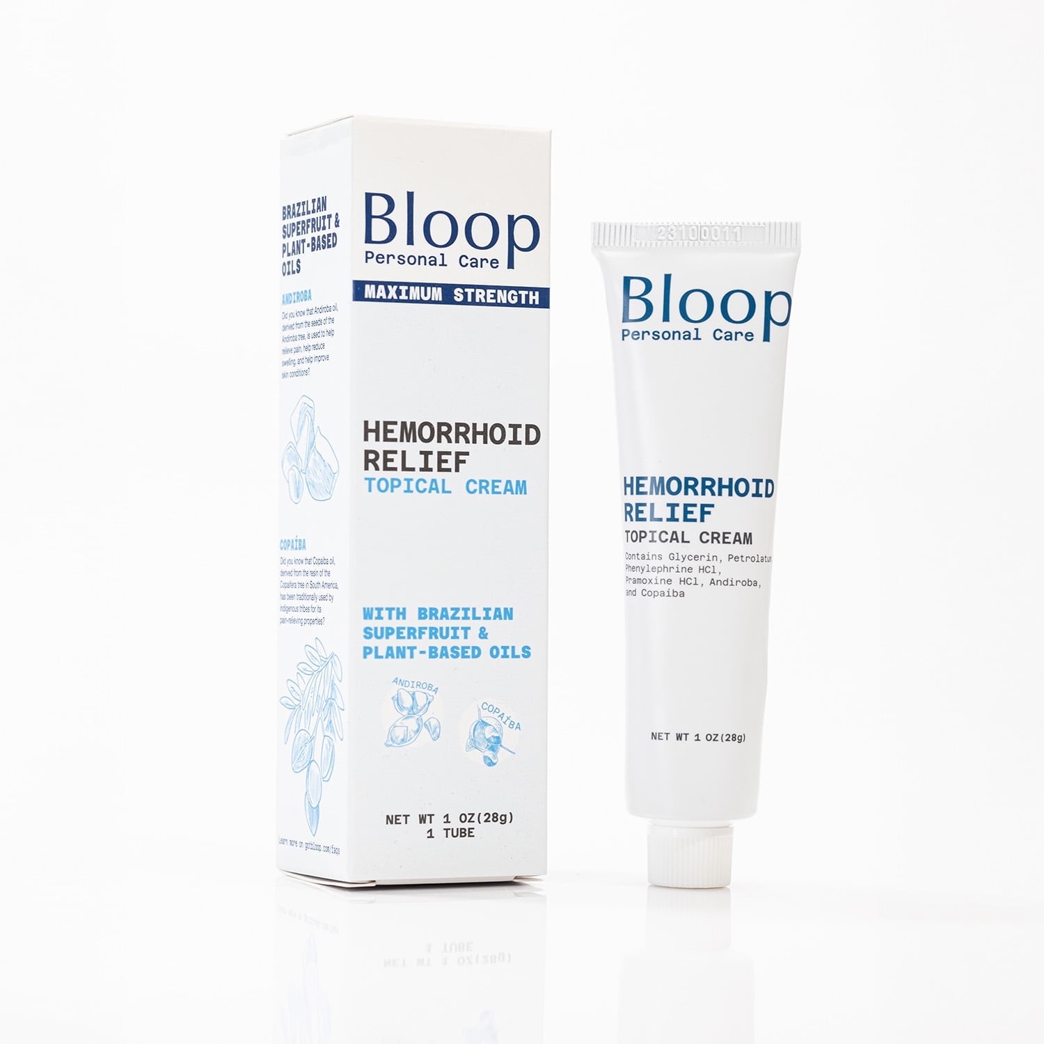 Bloop Hemorrhoid Relief Cream Phenylephrine Pramoxine Andiroba Copaiba Oils Max Strength 1oz