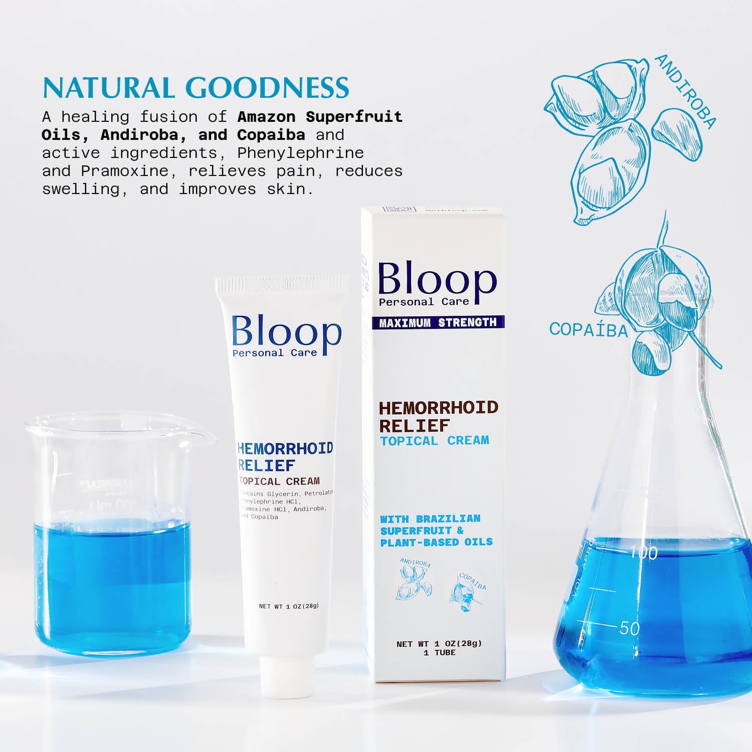Bloop Hemorrhoid Relief Cream Phenylephrine Pramoxine Andiroba Copaiba Oils Max Strength 1oz