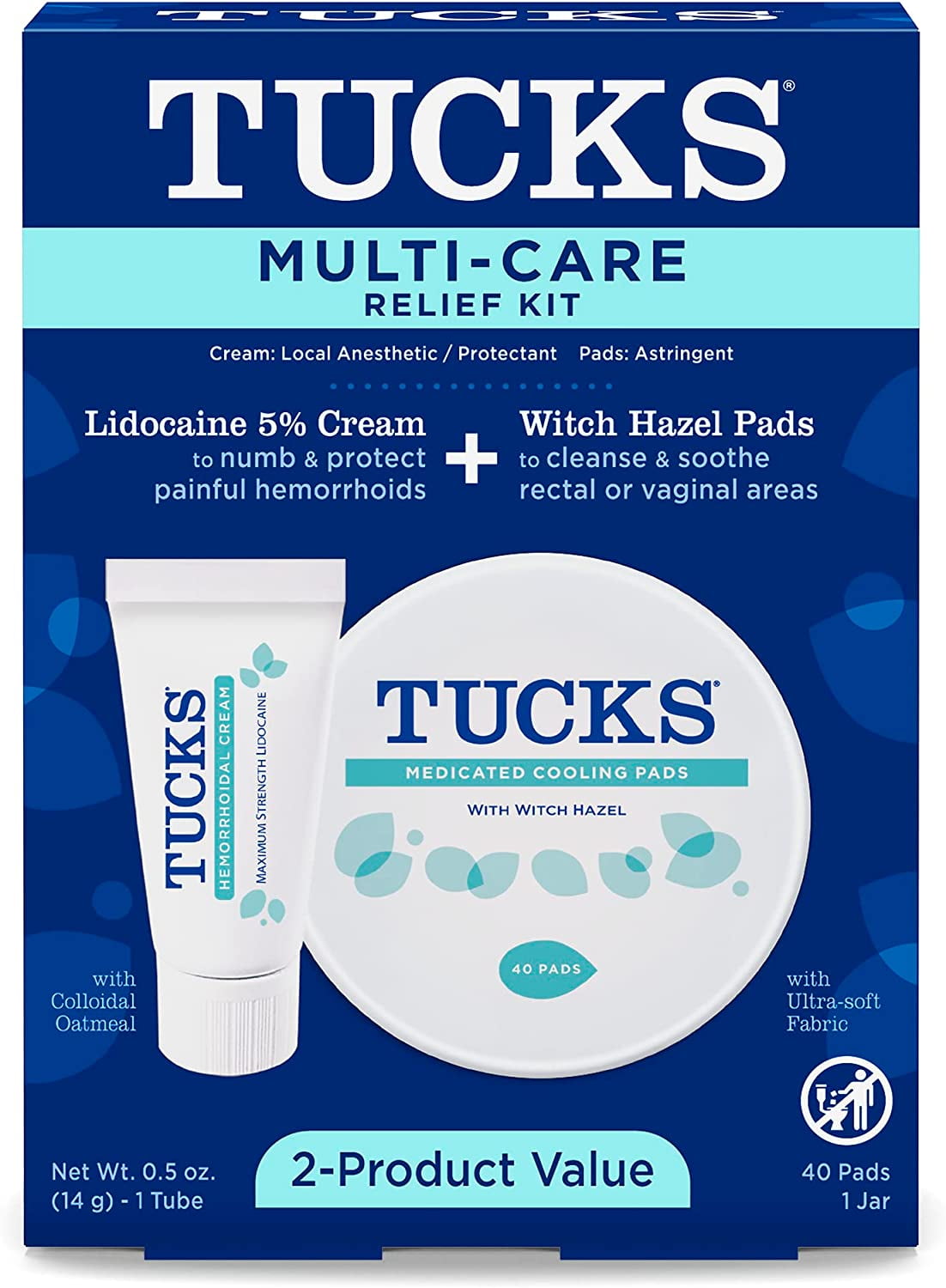 Tucks Multi Care Relief Kit 40 Count Witch Hazel Pads and 0.5 oz Lidocaine Cream for Hemorrhoids Protection and Treatment