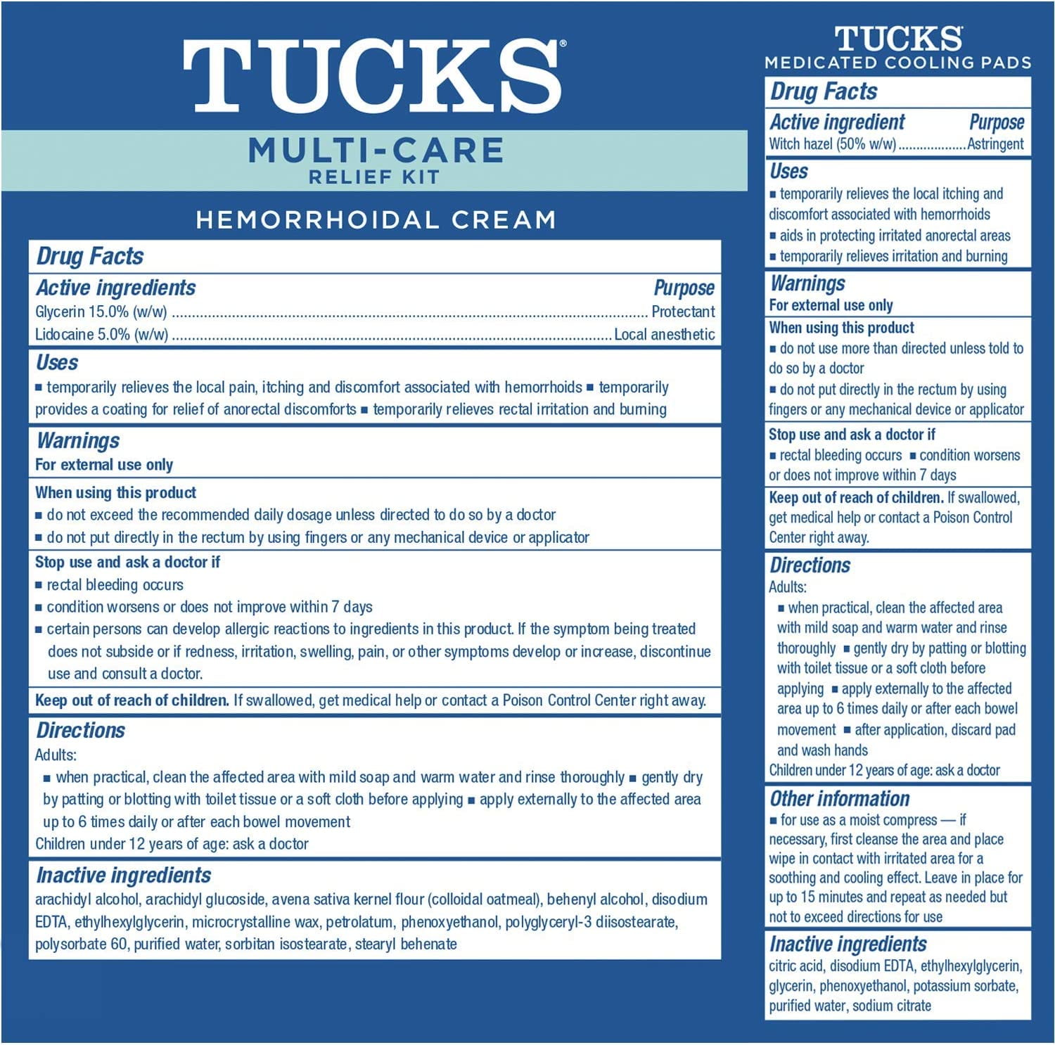 Tucks Multi Care Relief Kit 40 Count Witch Hazel Pads and 0.5 oz Lidocaine Cream for Hemorrhoids Protection and Treatment
