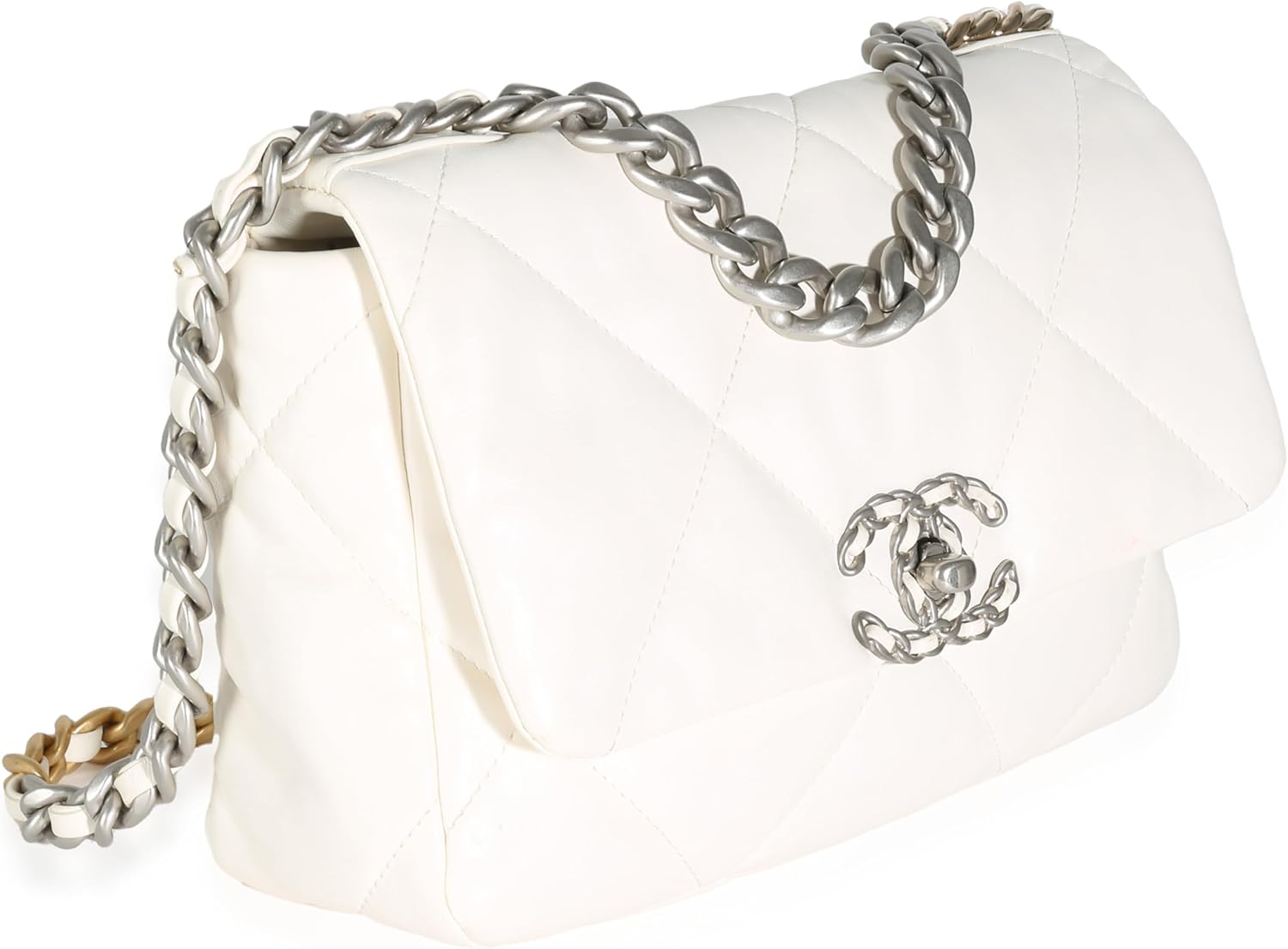 CHANEL Pre-Loved White Quilted Lambskin Small Chanel, Pre-Loved 19 Flap Bag