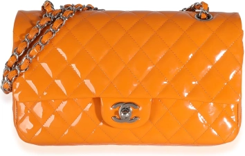 CHANEL Pre-Loved Orange Quilted Patent Medium Classic Double Flap Bag
