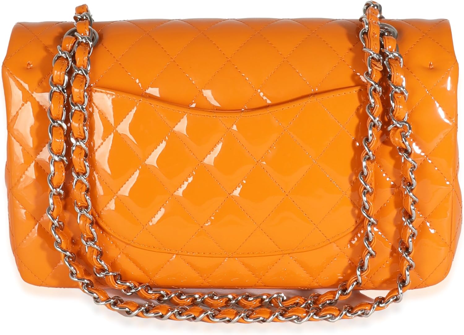 CHANEL Pre-Loved Orange Quilted Patent Medium Classic Double Flap Bag
