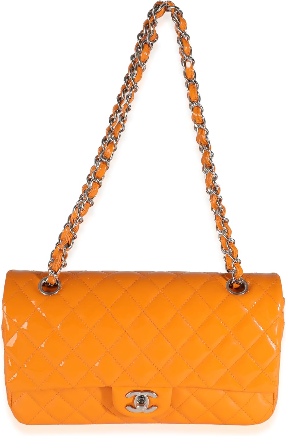 CHANEL Pre-Loved Orange Quilted Patent Medium Classic Double Flap Bag