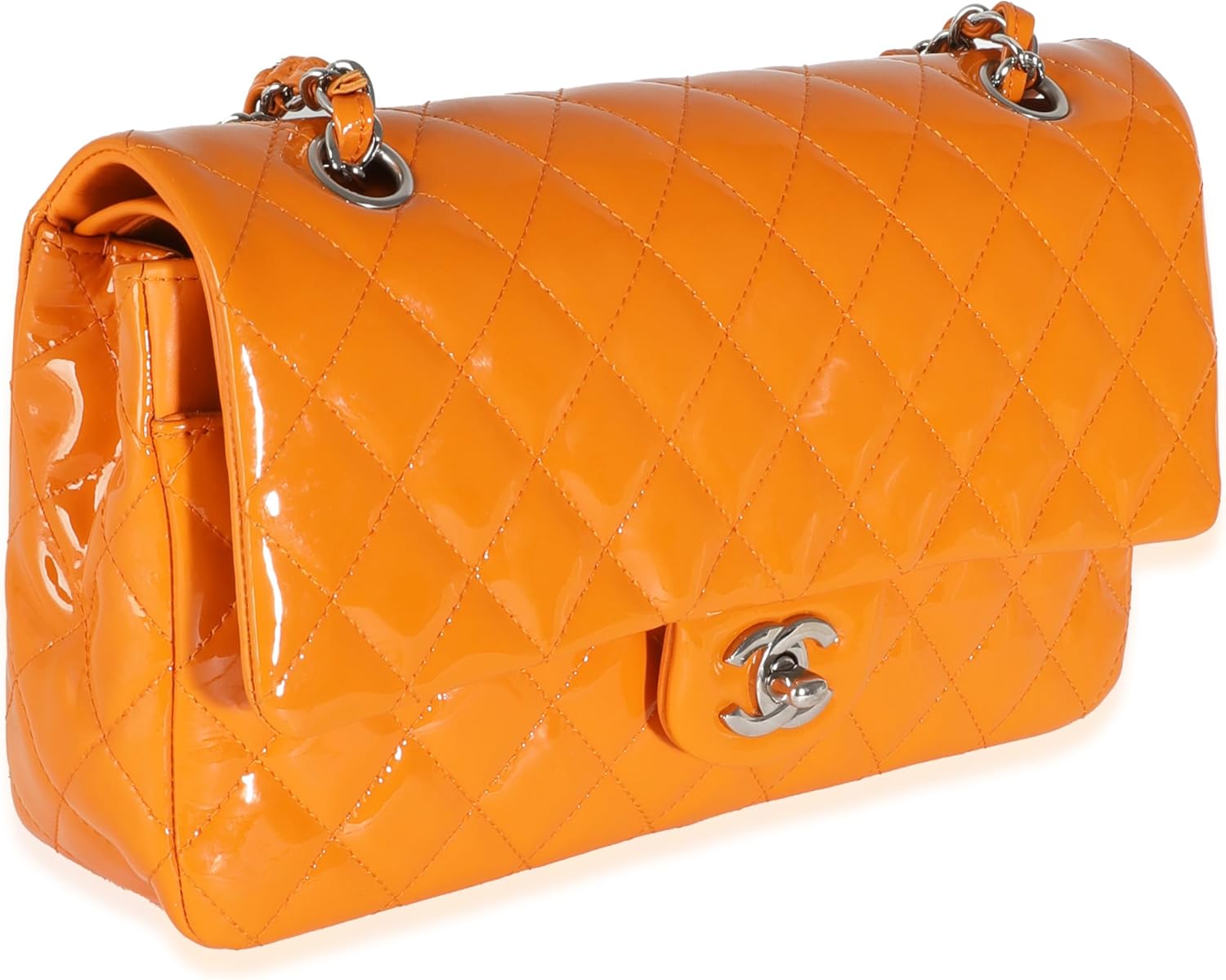CHANEL Pre-Loved Orange Quilted Patent Medium Classic Double Flap Bag