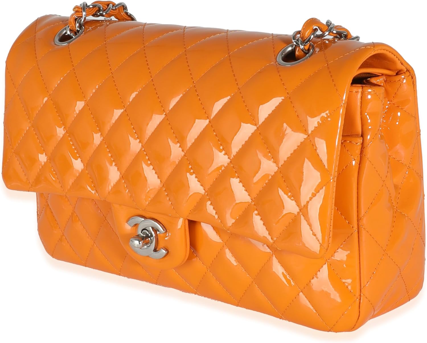 CHANEL Pre-Loved Orange Quilted Patent Medium Classic Double Flap Bag
