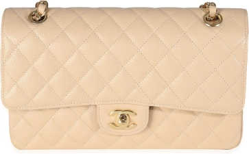 CHANEL Pre-Loved Beige Quilted Caviar Medium Classic Double Flap Handbag