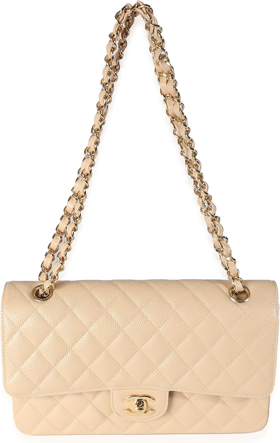 CHANEL Pre-Loved Beige Quilted Caviar Medium Classic Double Flap Handbag