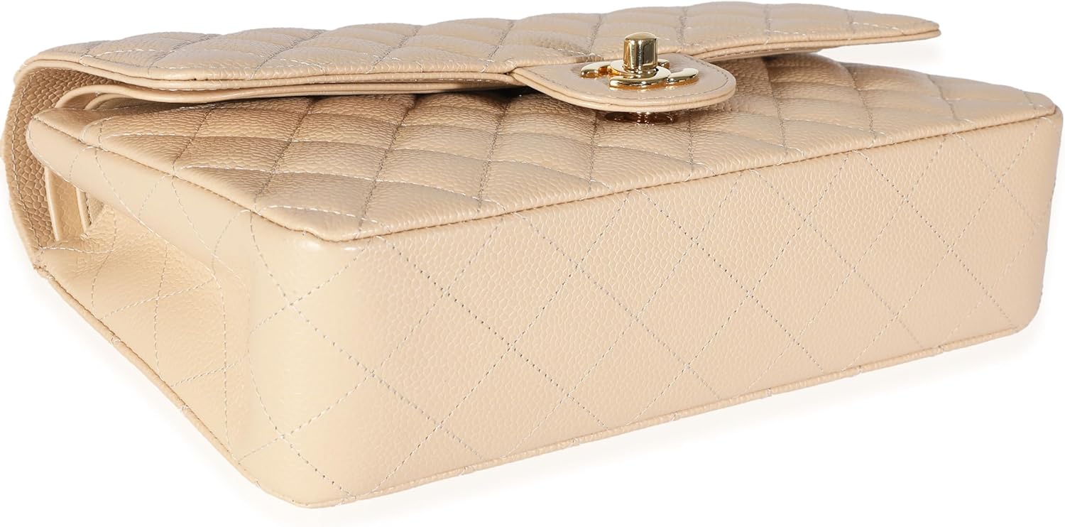 CHANEL Pre-Loved Beige Quilted Caviar Medium Classic Double Flap Handbag