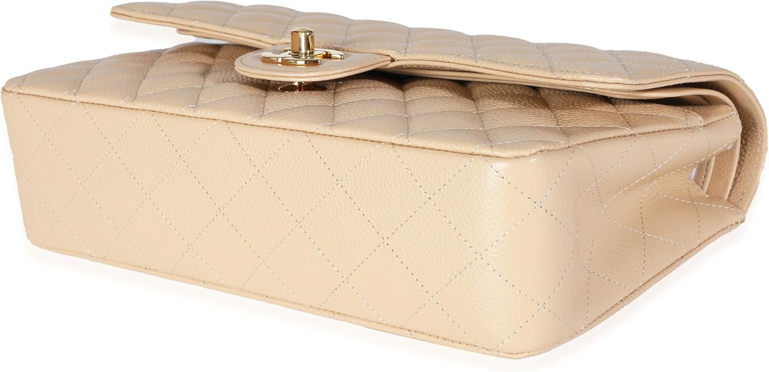CHANEL Pre-Loved Beige Quilted Caviar Medium Classic Double Flap Handbag