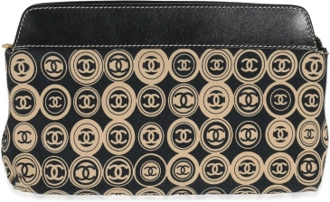 CHANEL Pre-Loved Black Beige Canvas CC Logo Clutch