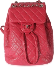 CHANEL Pre-Loved Red Quilted Calfskin Medium Covered CC Drawstring Backpack