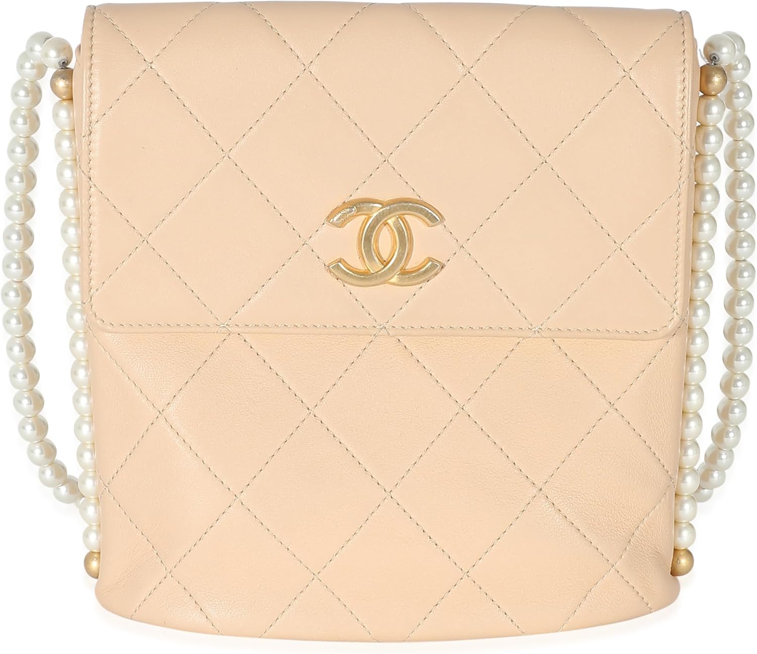 CHANEL Pre-Loved Beige Quilted Calfskin Small Pearl Chain Hobo