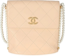 CHANEL Pre-Loved Beige Quilted Calfskin Small Pearl Chain Hobo