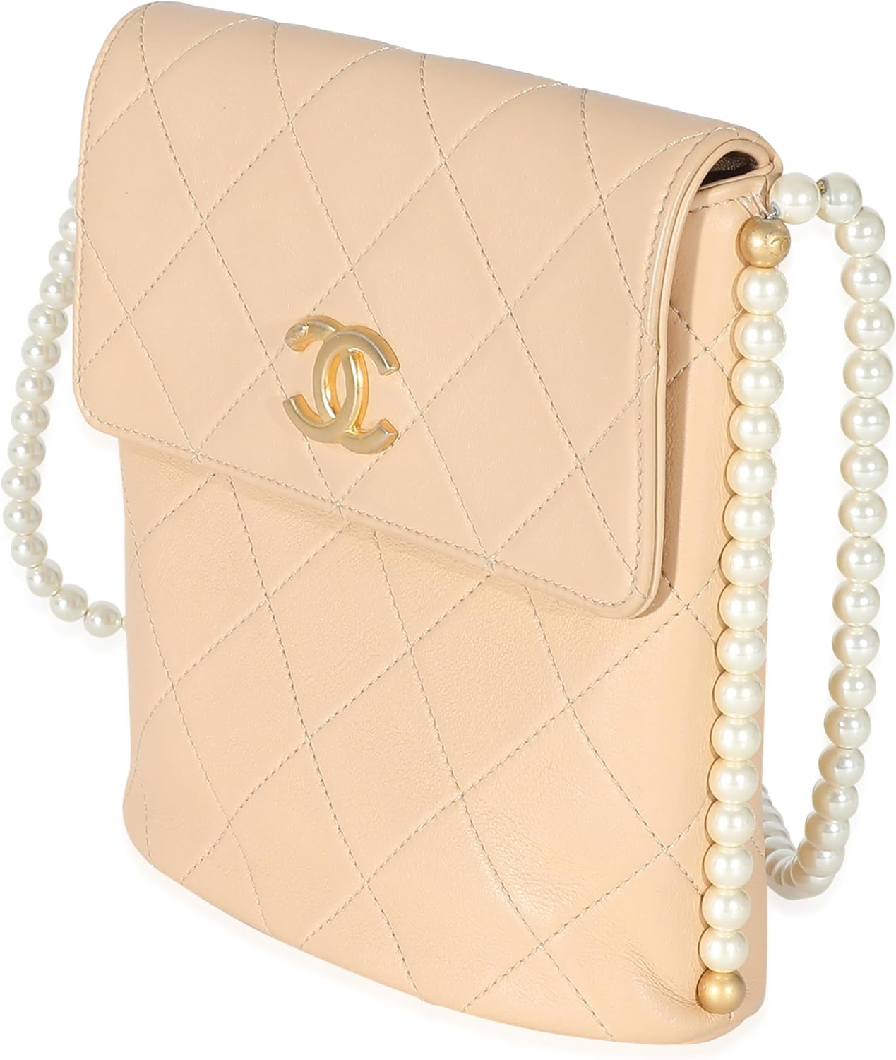 CHANEL Pre-Loved Beige Quilted Calfskin Small Pearl Chain Hobo