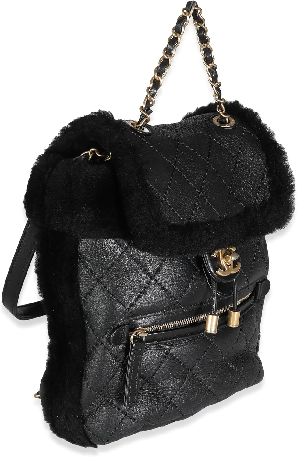 CHANEL Pre-Loved Black Quilted Shearling Paris Hamburg Small Backpack