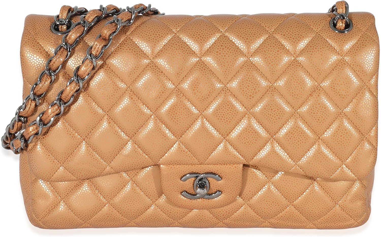 CHANEL Pre-Loved Gold Metallic Caviar Jumbo Double Flap Handbag