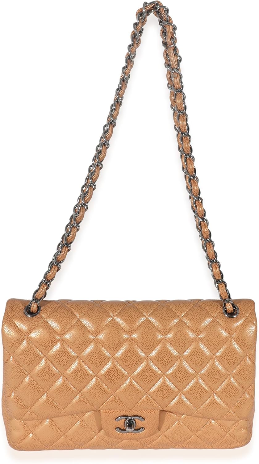 CHANEL Pre-Loved Gold Metallic Caviar Jumbo Double Flap Handbag
