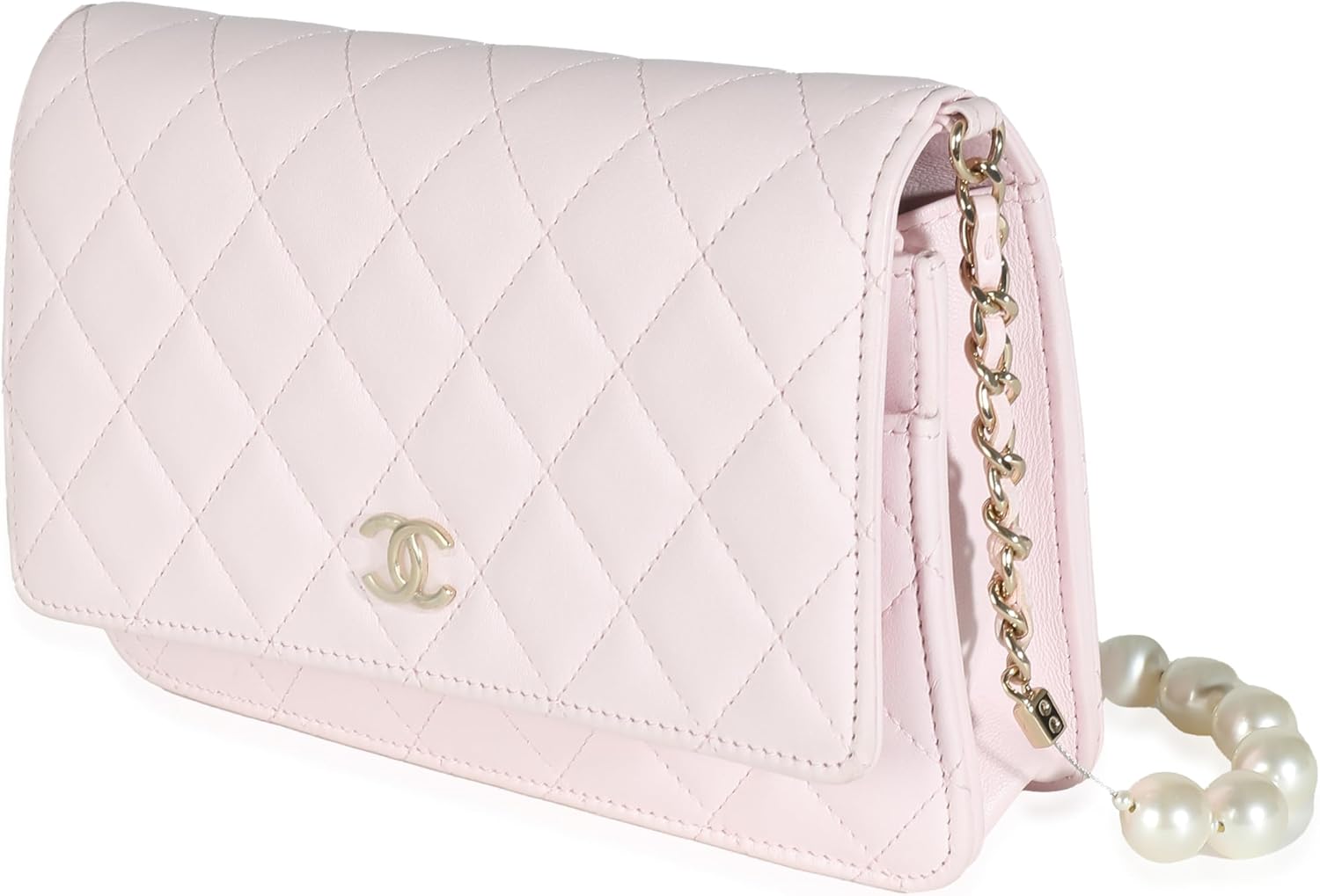 CHANEL Pre-Loved Pink Quilted Lambskin Pearl Wallet On Chain