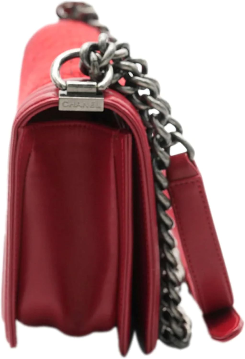 CHANEL Pre-Loved Red Quilted Tweed Lambskin Old Medium Boy Bag