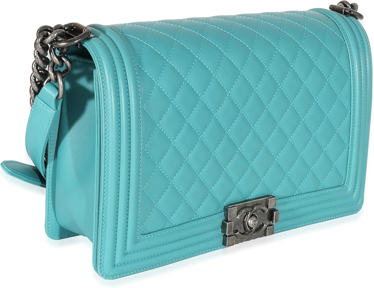 CHANEL Pre-Loved Aqua Quilted Lambskin New Medium Boy Bag