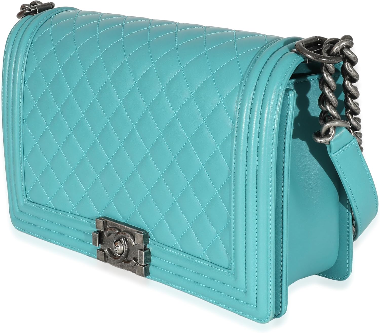 CHANEL Pre-Loved Aqua Quilted Lambskin New Medium Boy Bag