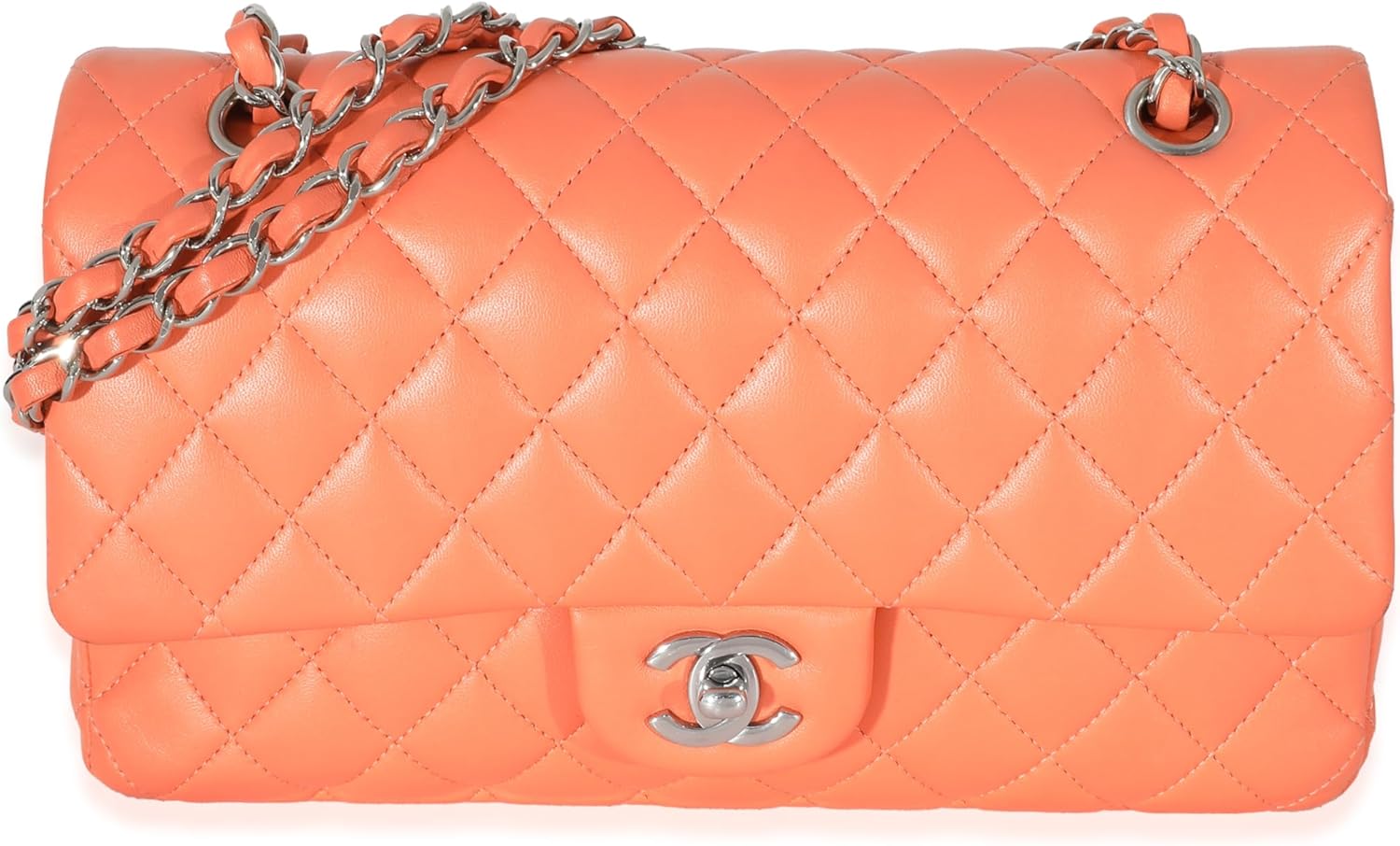 CHANEL Pre-Loved Orange Quilted Lambskin Medium Classic Double Flap Bag