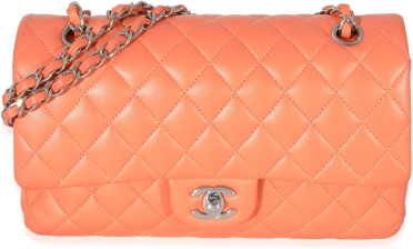 CHANEL Pre-Loved Orange Quilted Lambskin Medium Classic Double Flap Bag