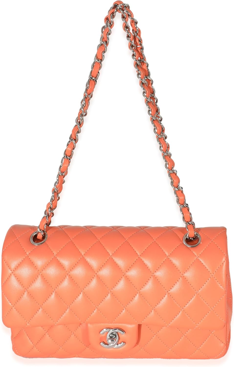 CHANEL Pre-Loved Orange Quilted Lambskin Medium Classic Double Flap Bag