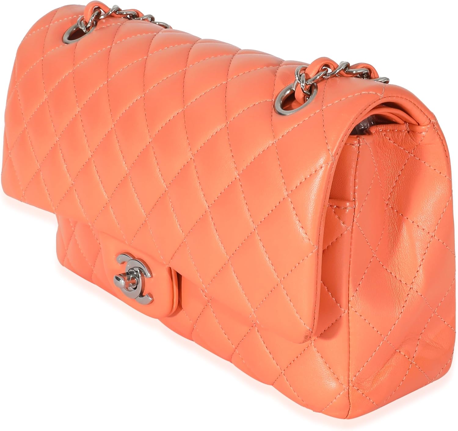 CHANEL Pre-Loved Orange Quilted Lambskin Medium Classic Double Flap Bag