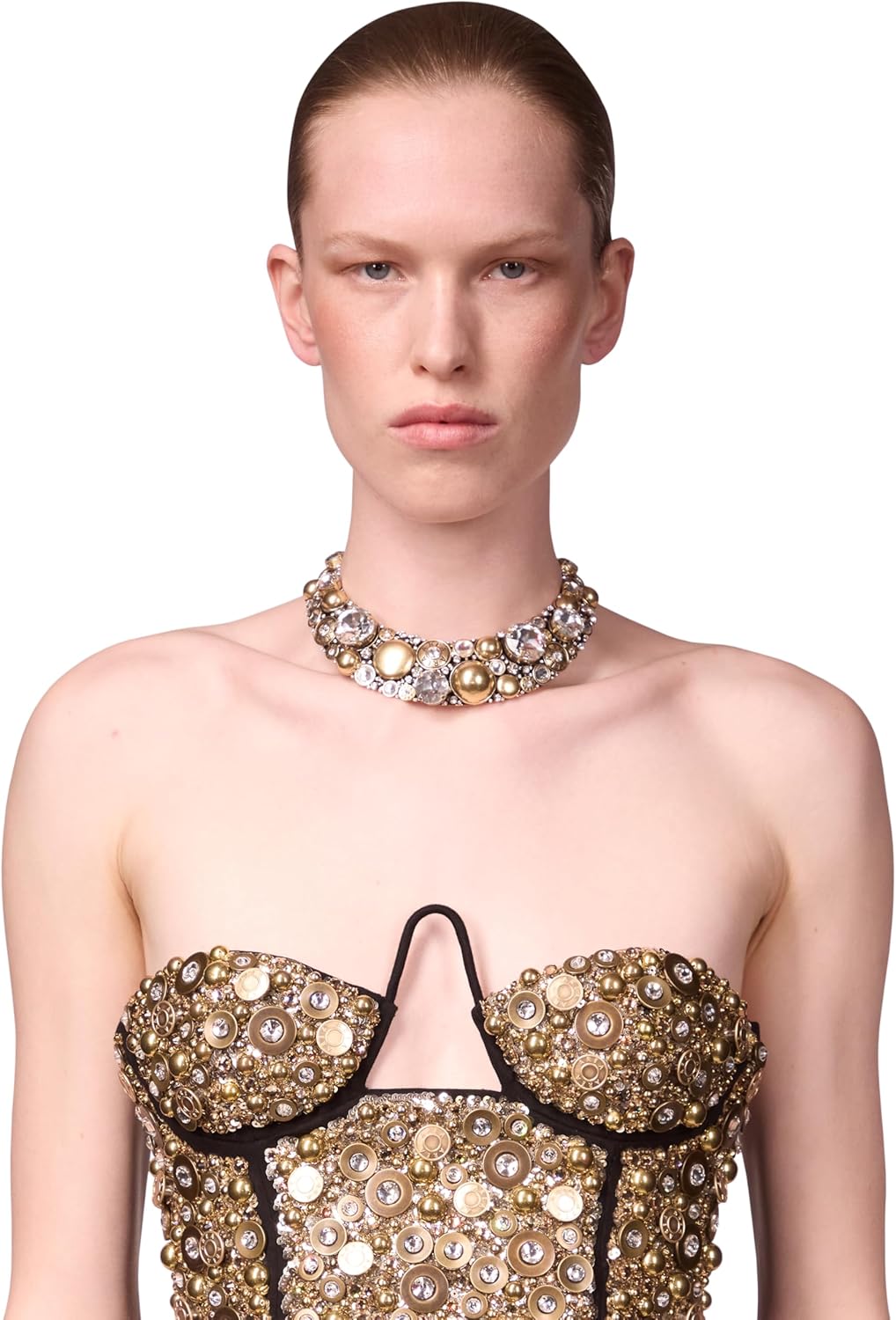 AREA Crystal Button Cluster Choker Necklace, OS, Antique Gold