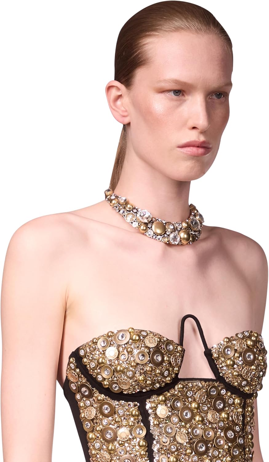 AREA Crystal Button Cluster Choker Necklace, OS, Antique Gold