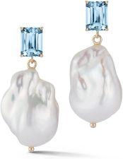 MATEO New York Yellow Gold Blue Topaz And Baroque Pearl Drop Earrings