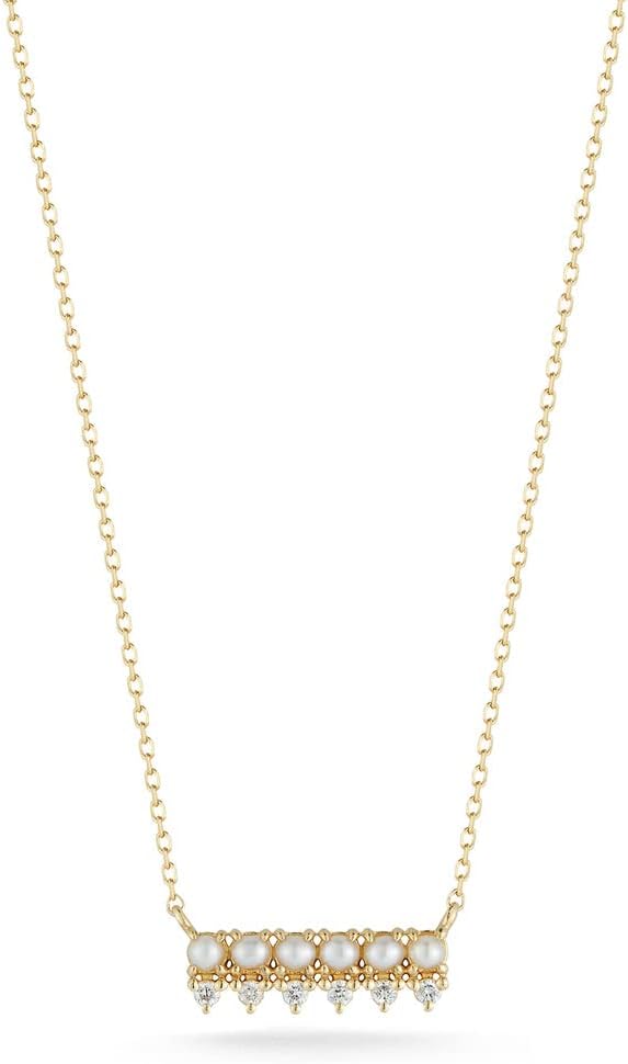 MATEO New York 14kt The Little Things Pearl and Diamond Horizontal Bar Yellow Gold Necklace For female, womens