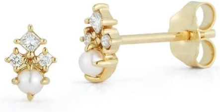 MATEO New York 14kt The Little Things Tri Diamond and Pearl Studs