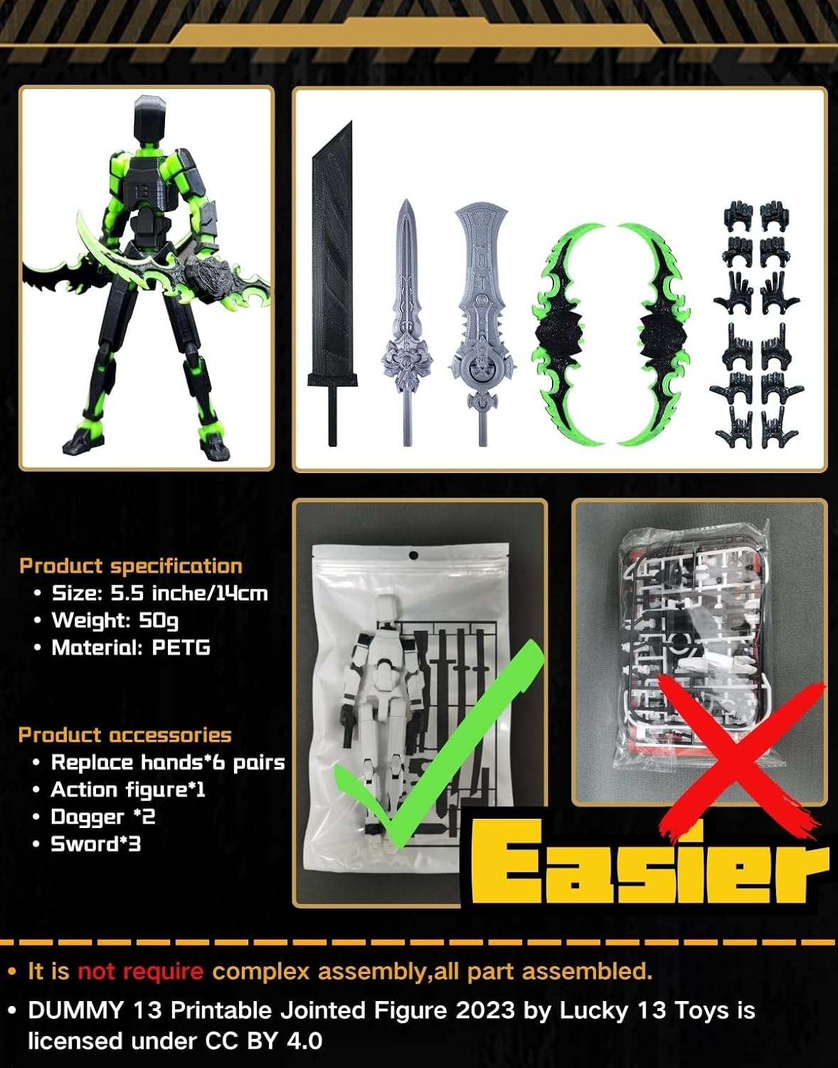 Jirown T13 Completed Assembly 3D Printed Action Figure Dummy 13 Robot Collectible Articulated for Collectors Desktop Decorations Muñeco de Acción Black Green