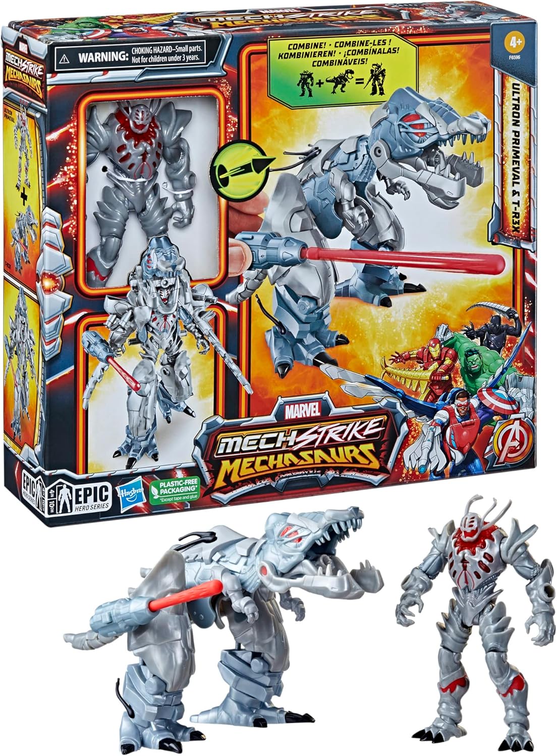 Marvel Mech Strike Mechasaurs 4.5-Inch Ultron Primeval T-R3X Mechasaur Action Figures Super Hero Toys Kids Ages 4+