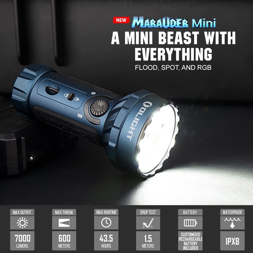 OLIGHT Marauder Mini 7000 Lumens Bright Flashlight 600 Meters Beam Distance Powerful RGB Lights Magnetic Rechargeable Outdoors Work Hunting Searching Midnight Blue