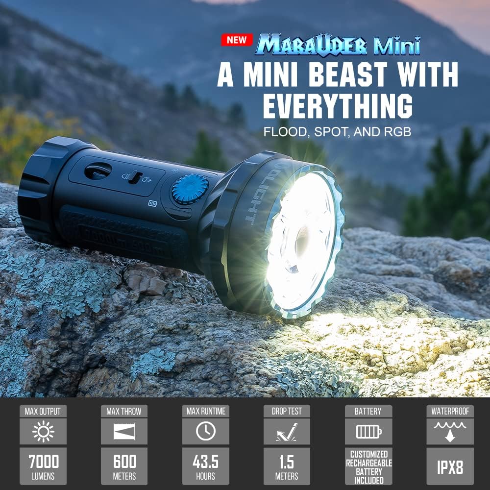 OLIGHT Marauder Mini 7000 Lumens Bright Flashlight 600 Meters Beam Distance RGB Lights Magnetic Rechargeable Outdoors Work Hunting Searching Black