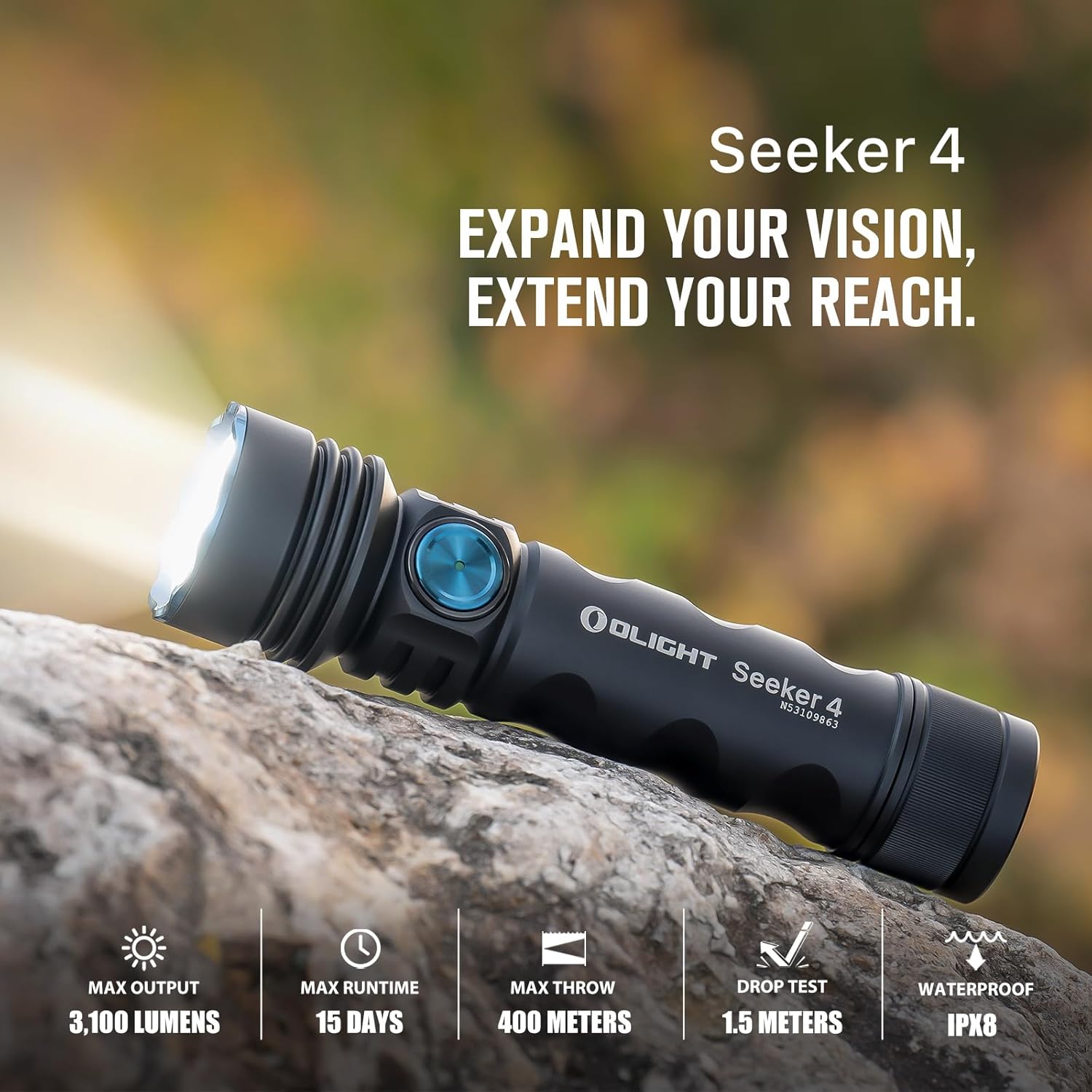 OLIGHT Seeker 4 Rechargeable Bright Flashlights 3100 Lumens High Powerful Flash Light with USB-C Charging 400 Meters Long Rage LED for Emergency Camping and Law Enforcement Matte Black
