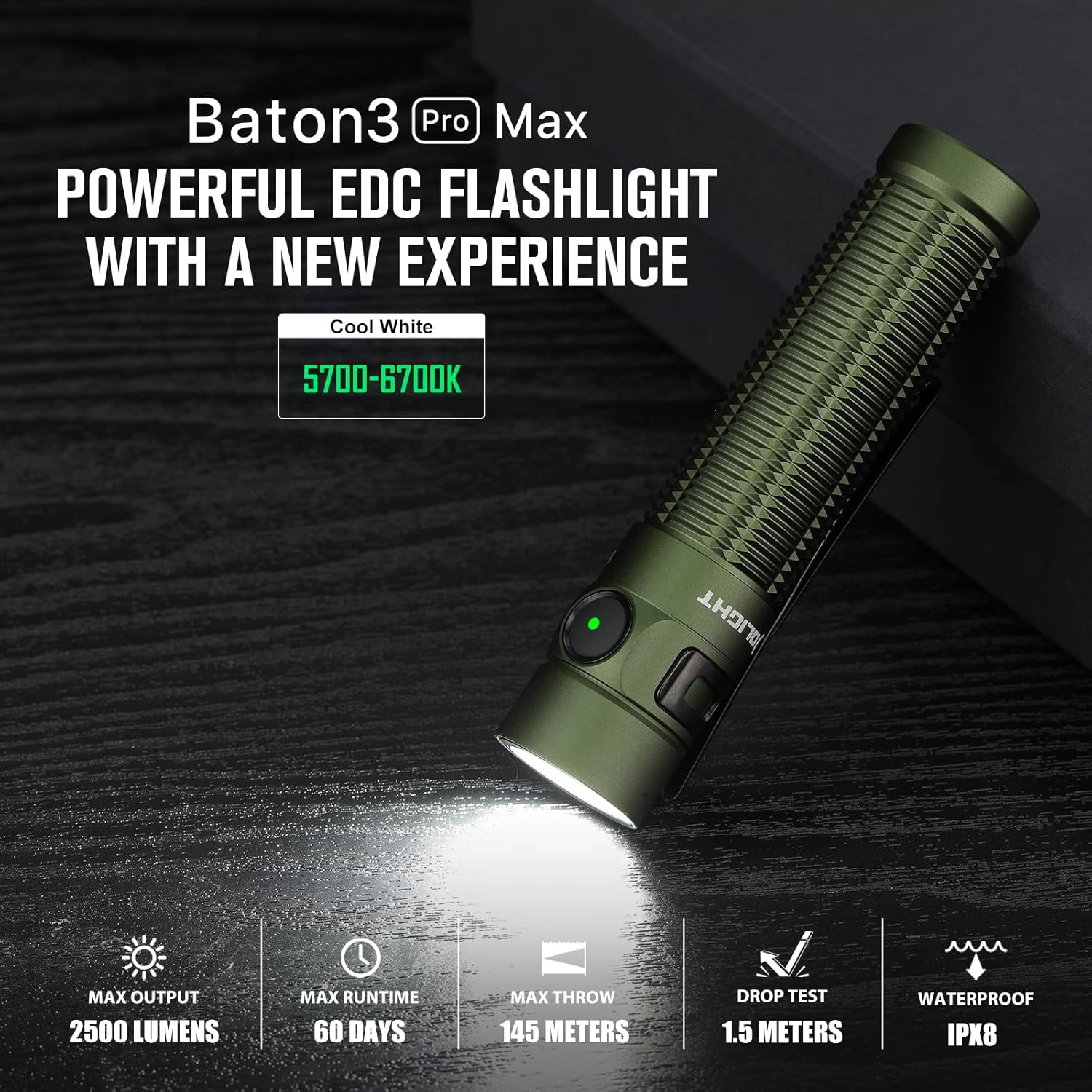 OLIGHT Baton3 Pro Max 2500 Lumens Rechargeable EDC Flashlights Safety Sensor Pocket Light Camping Hiking Emergency Cool White Light 5700~6700K