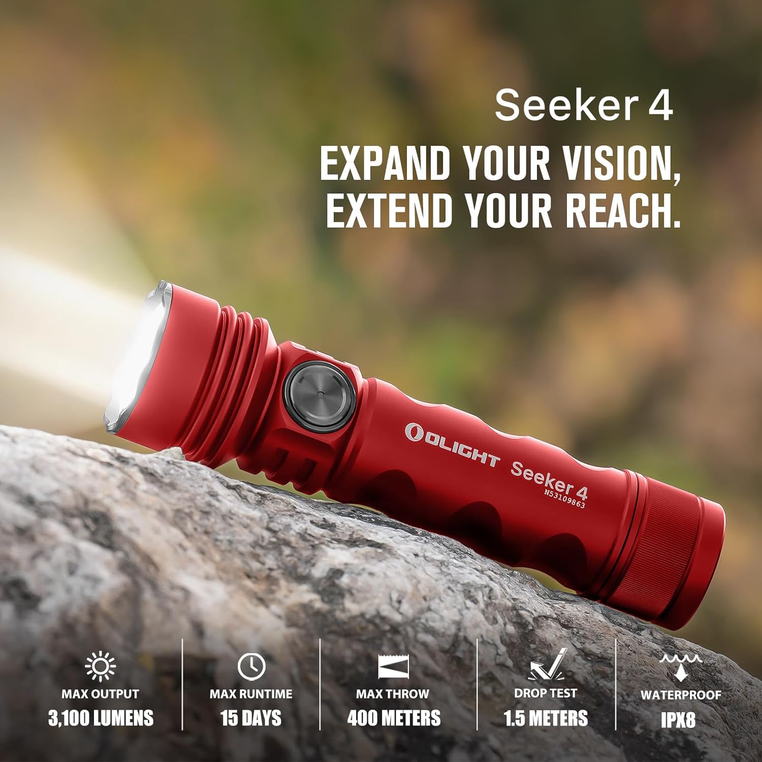OLIGHT Seeker 4 Rechargeable Bright Flashlights 3100 Lumens Powerful USB-C Charging 400 Meters Long Range LED Emergency Camping Law Enforcement Red