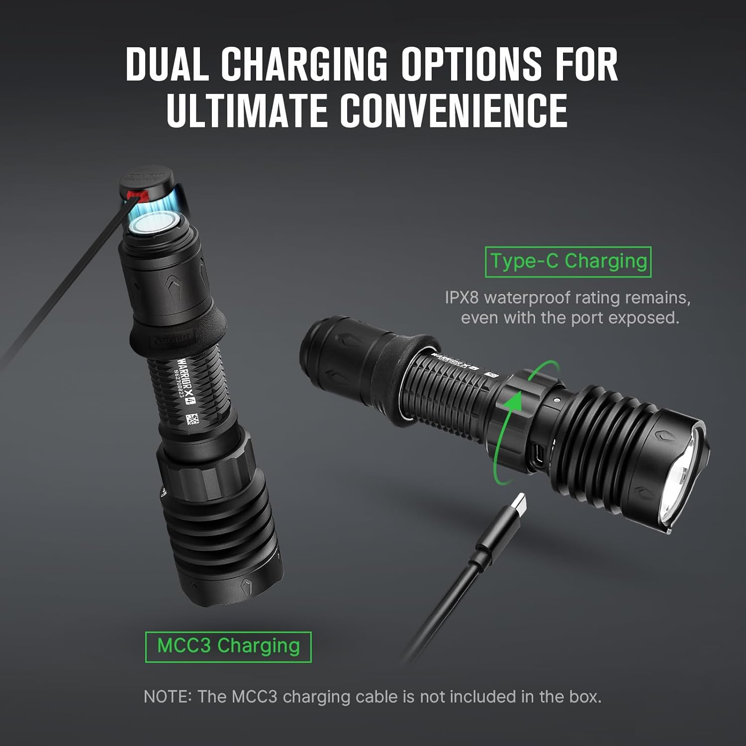 OLIGHT Warrior X 4 Rechargeable Tactical Flashlight 2600 Lumens USB-C Charging Dual-Output Long Range Powerful Tail-Switch Light