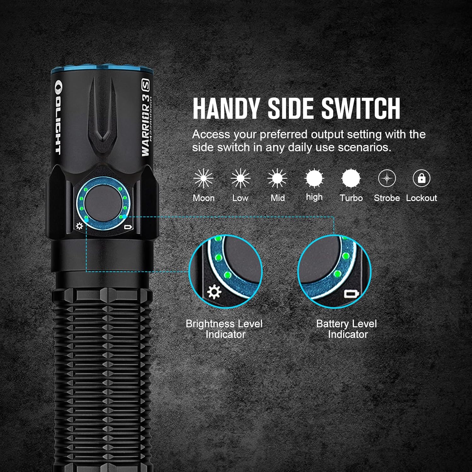 OLIGHT Warrior 3S 2300 Lumens Rechargeable Tactical Flashlight Compact Dual-Switches LED Bright Light Proximity Sensor Customized Battery Emergency EDC Searching Black