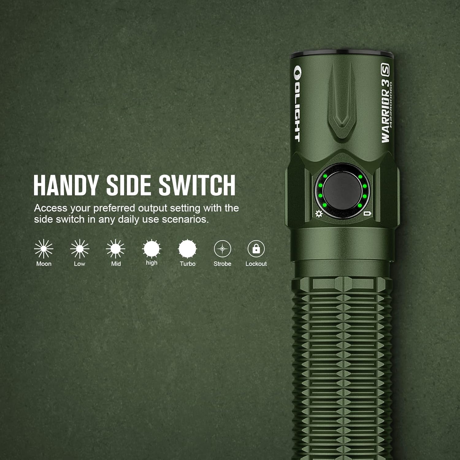 OLIGHT Warrior 3S 2300 Lumens Rechargeable Tactical Flashlight Compact Dual-Switches LED Bright Light Proximity Sensor Powered Customized Battery Emergency Searching OD Green
