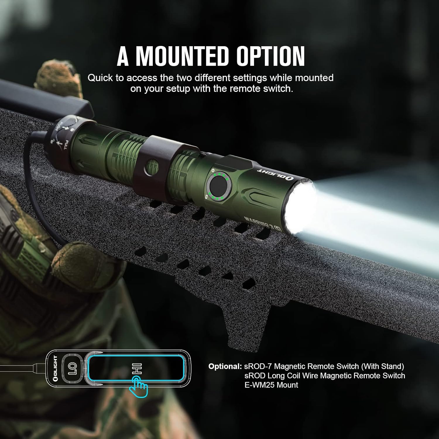 OLIGHT Warrior 3S 2300 Lumens Rechargeable Tactical Flashlight Compact Dual-Switches LED Bright Light Proximity Sensor Powered Customized Battery Emergency Searching OD Green