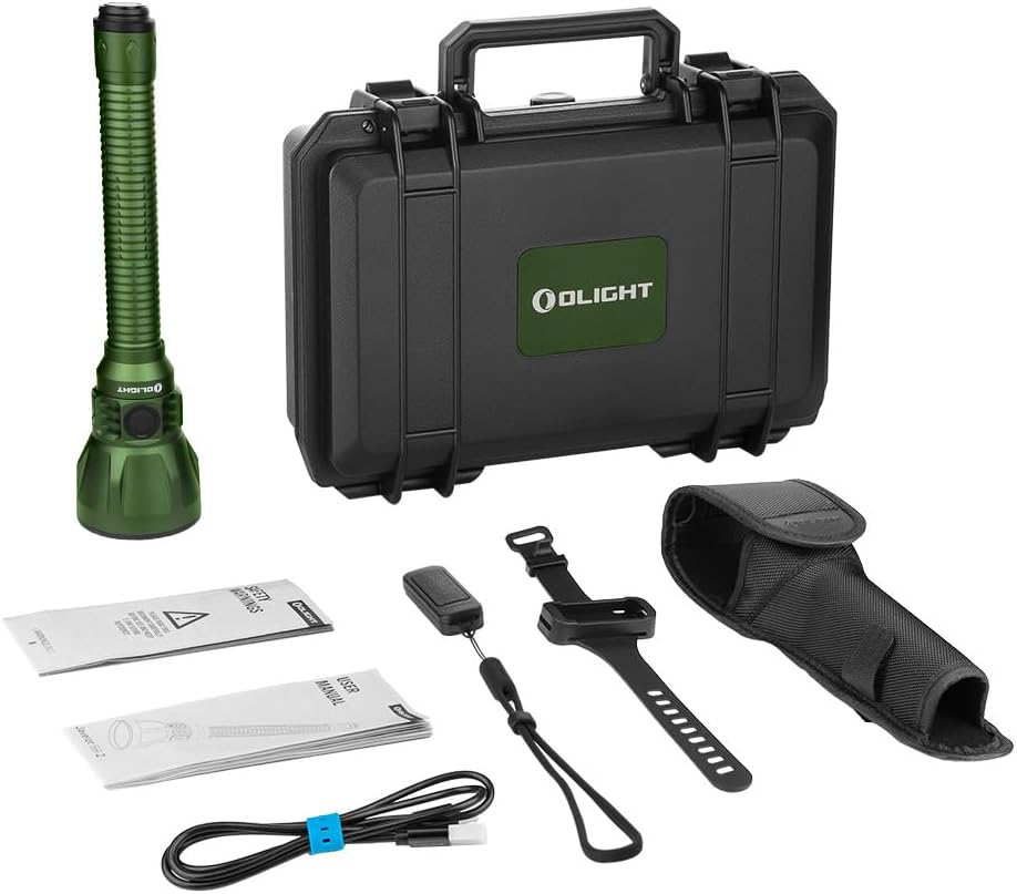 OLIGHT Javelot Turbo 2 1800 Lumen Rechargeable Tactical Flashlight Long Range 4921ft Throw Dual-Switch LED Hunting Light Wireless Remote Control Battery Pack USB C Cable OD Green