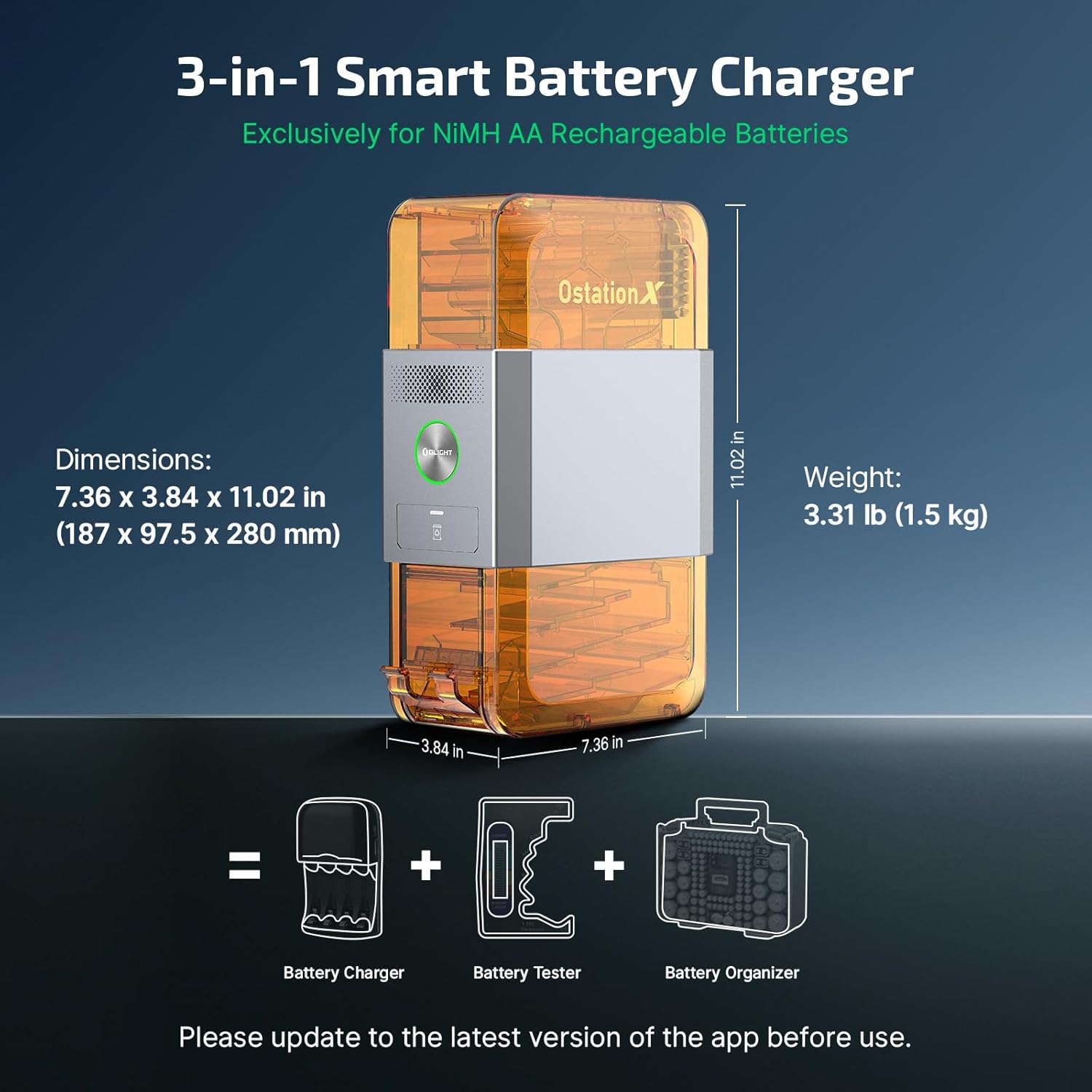 OLIGHT Ostation X NiMH AA Rechargeable Battery Charger 3-in-1 Automatic Design Bad Batteries Detection APP Control