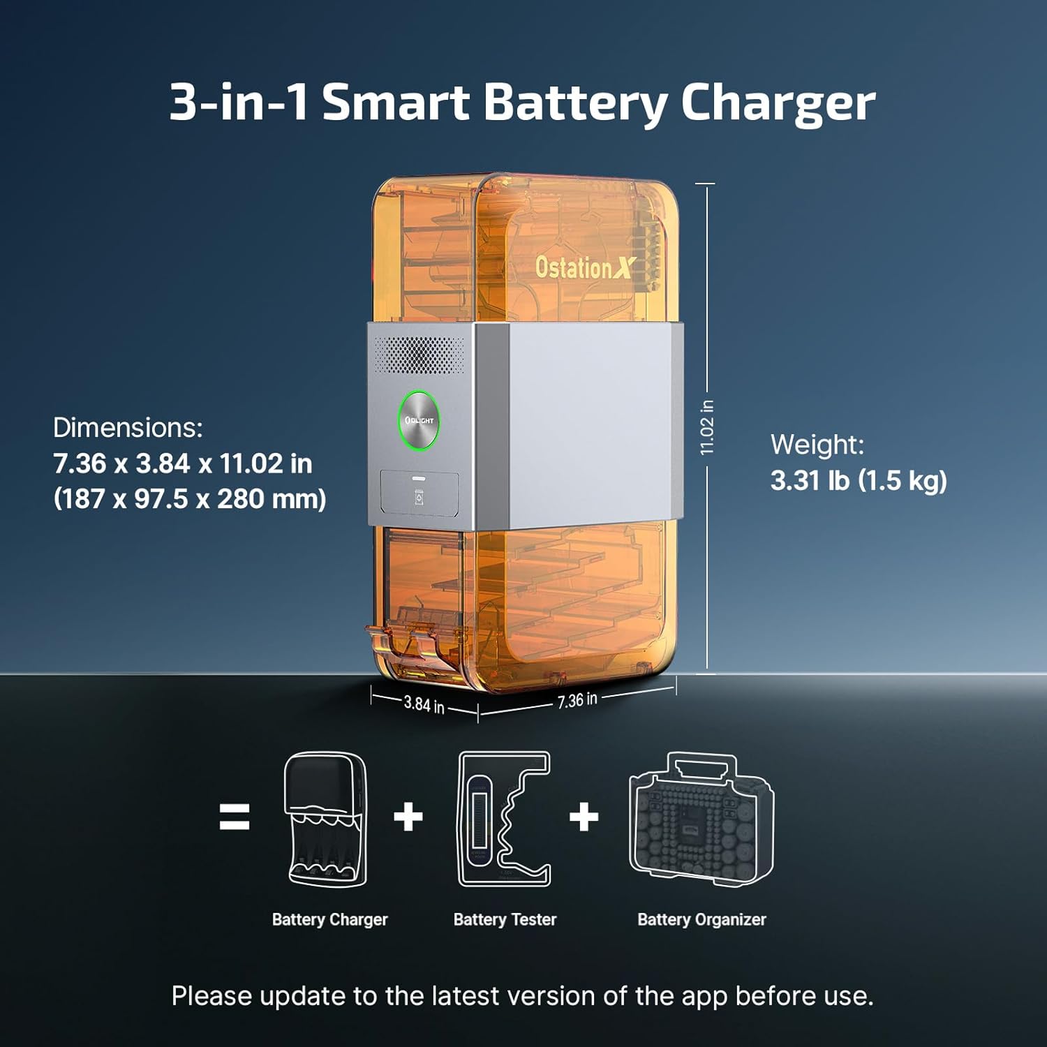 OLIGHT Ostation X Battery Charger 3-in-1 Design Rechargeable AA NiMH Batteries 32 Count Charging Testing Storage No Polarity Check Easy Charging Bad Batteries Detection APP Control