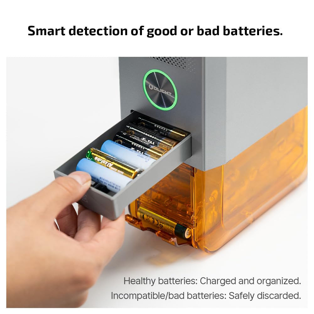 OLIGHT Ostation X Battery Charger 3-in-1 Design Rechargeable AA NiMH Batteries 32 Count Charging Testing Storage No Polarity Check Easy Charging Bad Batteries Detection APP Control